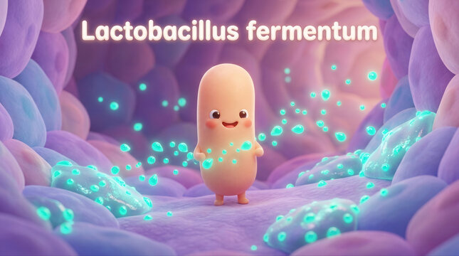Cheerful lactobacillus fermentum microbe amidst vibrant gut flora representing good bacteria and probiotics