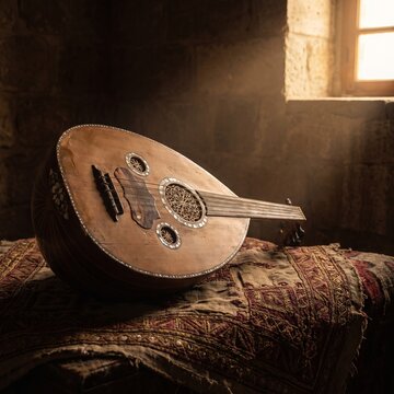 Traditional wooden oud musical instrument resting on ornate patterned rug in sunny stone room setting.