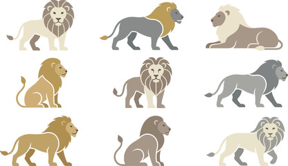 Collection of flat vector lion icons featuring various poses and neutral color tones for wild animal branding © MDTOFIZUL