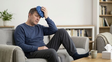 Fototapeta premium Sick man holding an ice pack against his forehead while sitting on a sofa. Adult male suffering from a severe headache or fever at home. Pain relief concept