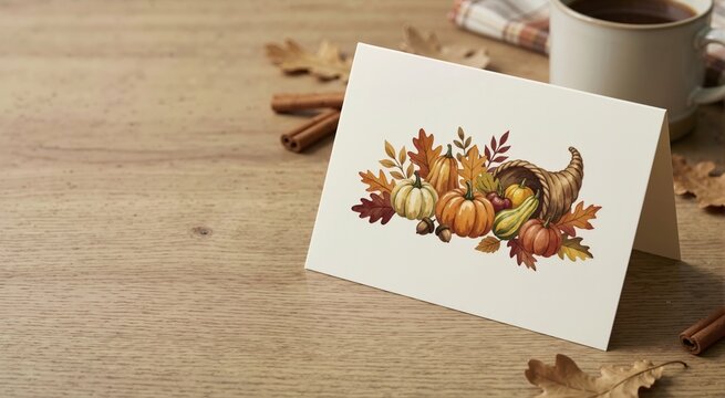 Festive Thanksgiving greeting card with cornucopia illustration on wooden desk. Autumn harvest holiday background with pumpkins and leaves. Copy space for text