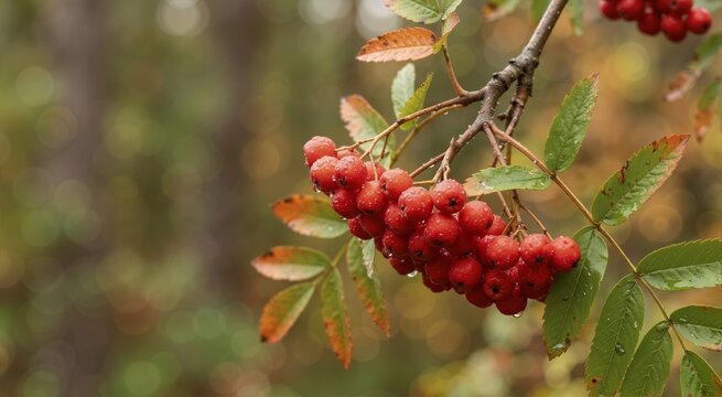 Close up of red rowan berries covered in morning dew drops. Autumn forest branch with wet leaves and blurred bokeh background