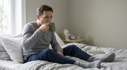 Fototapeta premium Sick man drinking hot water with lemon from a mug while sitting in bed. Unwell adult male resting at home with a cold. Healthcare and home remedy concept