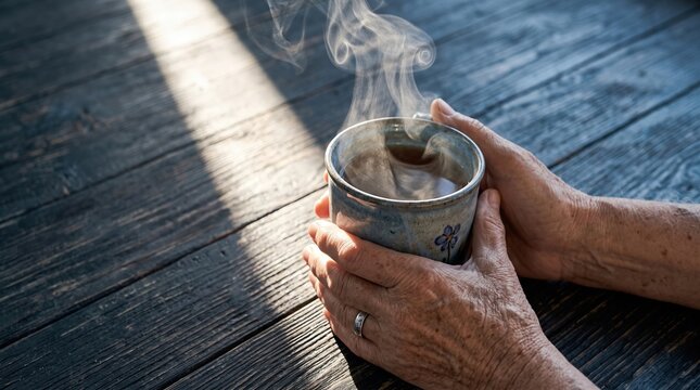 Elderly person holds a steaming cup of tea on a rustic wooden table World Alzheimer Day