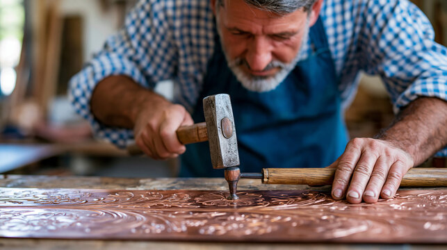 Faceless coppersmith using hammer and punch to emboss floral design onto copper sheet in artisan metalworking craft, artisan craft concept, creative photography, blurred workshop