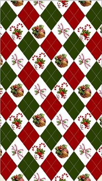 Festive Christmas argyle diamond pattern background with ornament balls and candy canes
