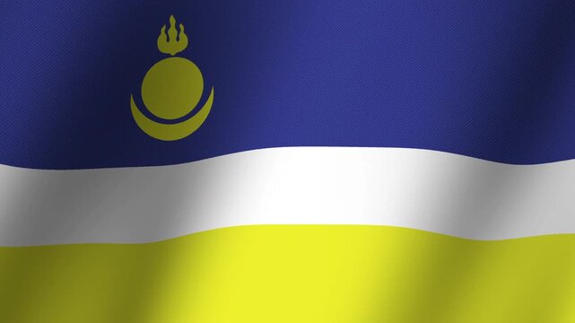 Buryatia National Flag Waving: The vibrant national flag of Buryatia, with its blue, white, and yellow stripes and unique Soyombo symbol, waves gently in the breeze.