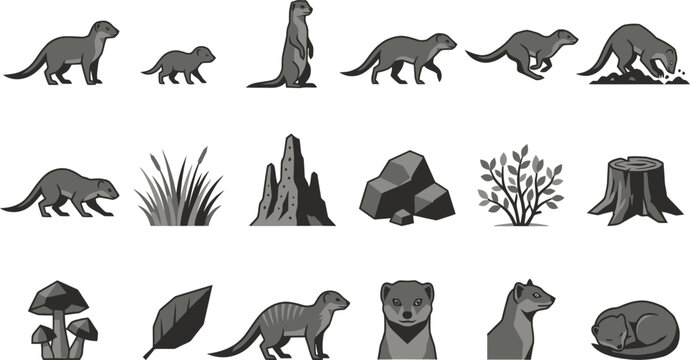 Collection of flat vector mongoose icons featuring different animal poses and natural habitat elements in grayscale