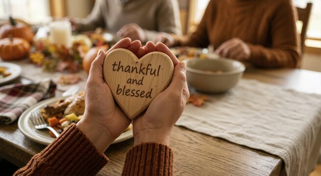 Close up of hands holding a wooden heart with thankful and blessed text. Blurred background of a family gathered around a festive Thanksgiving dinner table. Autumn holiday concept