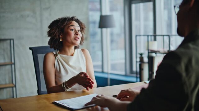 Business woman handshake meeting office. Job interview candidate greeting boss