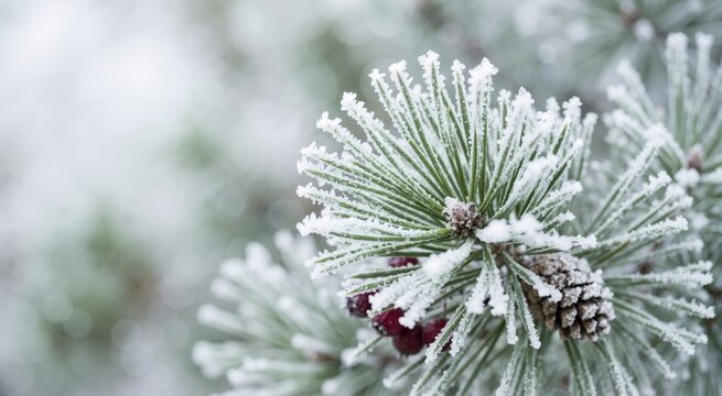 Close up of green pine needles and pinecone covered in white hoarfrost. Macro detail of frozen evergreen branch with ice crystals. Winter Christmas theme background