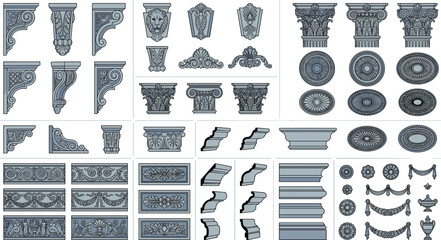 Classical architectural ornaments with corbels, capitals, friezes, and decorative reliefs © DILIP