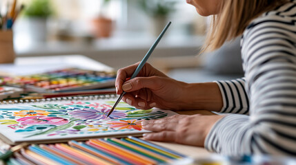 Naklejka premium Faceless artist painting colorful floral art with watercolors on paper showing creative hobby and artistic expression, watercolor art concept, creative photography, blurred studio