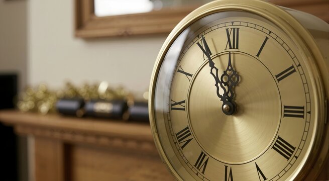 Close up of golden clock face with hands approaching midnight. New Year countdown concept. Vintage analog clock with Roman numerals