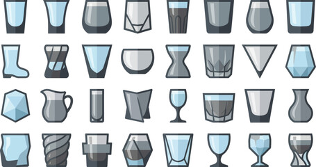 Comprehensive flat vector collection of diverse vodka glasses, tumblers and shot glass designs for bar graphics © MDTOFIZUL