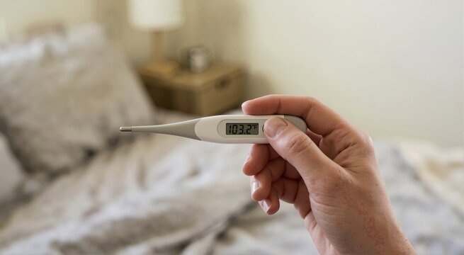 Close up of hand holding digital thermometer showing high fever temperature. Sick person checking health in blurred bedroom background