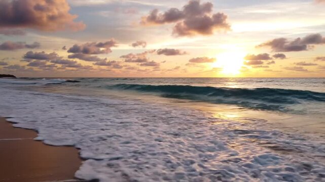 Tranquil Sunset Beach: Gentle waves lap against a sandy shore as the sun dips below the horizon, casting a warm, golden glow across the sky and reflecting on the tranquil ocean waters.