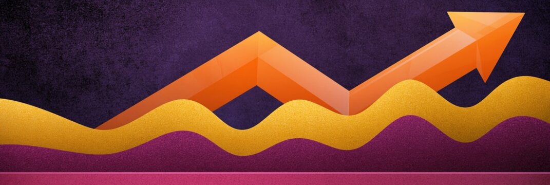 Large orange arrow rising over purple and gold undulating waves background for corporate banner and header design indicating market growth and upward trend