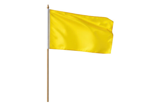 Yellow flag waving on a wooden pole on transparent background