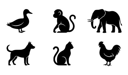 Six black animal silhouette icons with duck monkey elephant dog cat and chicken CAD vector collection © Md