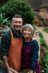 Fototapeta premium Smiling mature couple in aprons gardening together outdoors for small business banner and lifestyle background showing teamwork and sustainable gardening
