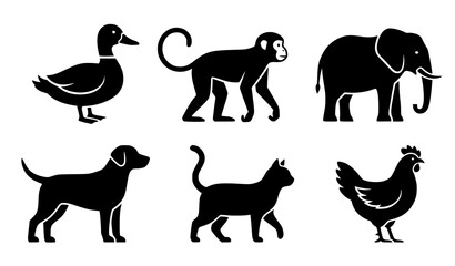 Duck monkey elephant dog cat and chicken silhouette collection CAD flat vector animal set © Md