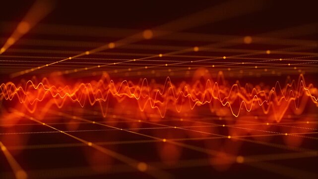 An abstract animation of digital signals and wave processes depicts the dynamics of data transmission. Glowing red lines form a complex spectrum of oscillations, a diagram symbolizing communication, a