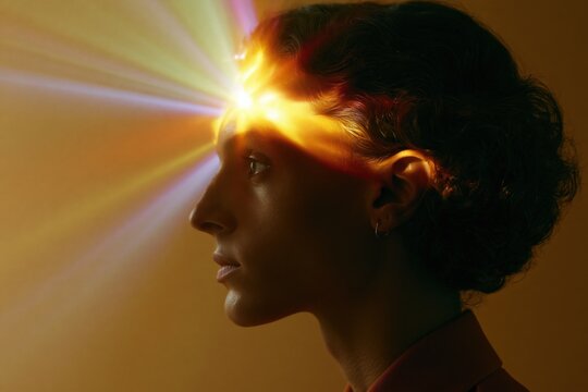 Radiant mind profile portrait with golden light beams for meditation background and wellness poster design
