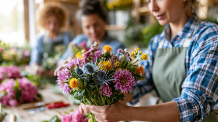 Fototapeta premium Faceless florists arranging bouquets in bright workshop during collaborative professional floral design session, team florist concept, small business photography, blurred workshop