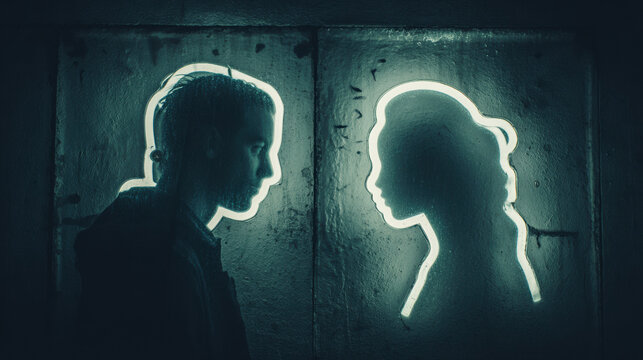 Man Woman Silhouette Neon Glow Face Profile Dark Mystery Relationship Couple Concept Art Portrait