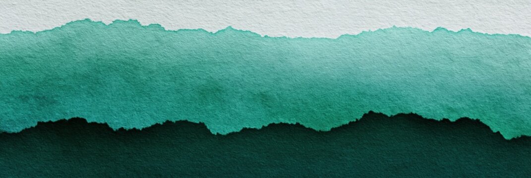Horizontal torn paper layered green watercolor texture with rough edges for banner background and stationery design