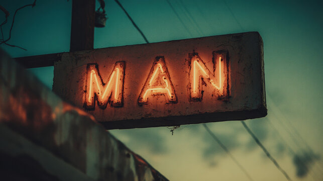 Vintage Neon Sign Man Retro Street Light Wooden Pole Sky Old Advertisement Urban Nostalgic