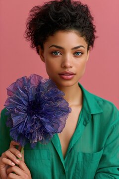 Natural studio portrait of a woman holding a textured blue flower for beauty background and editorial use