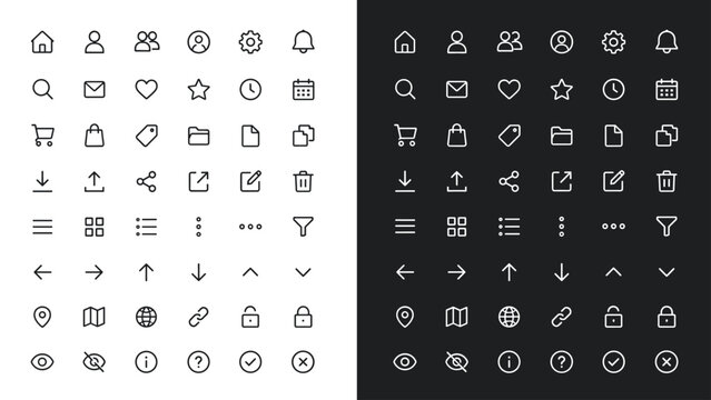 Monochrome interface icon collection displayed in contrasting light and dark panels with compact digital symbols, interface, icons