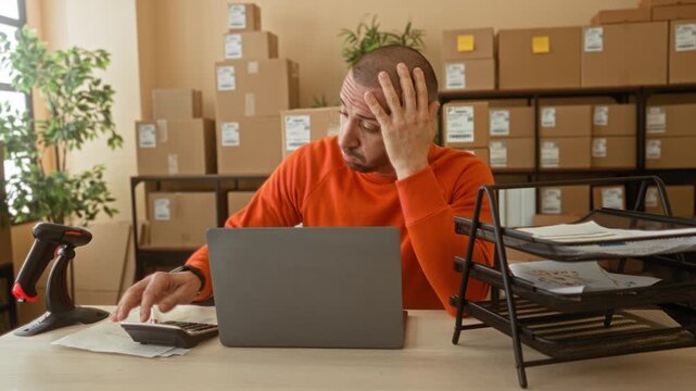 Man in orange sweater at laptop writing with pen, rubbing head and checking calculator amid cardboard boxes in building; small business frustration.
