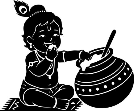 Black silhouette of adorable baby Krishna Bal Gopal sitting and stealing butter from matki pot with peacock feather, cute flat vector illustration of Makhan Chor perfect for Janmashtami festival greet