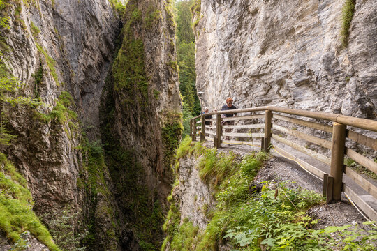 Scenic view of people on trail in lush gorge