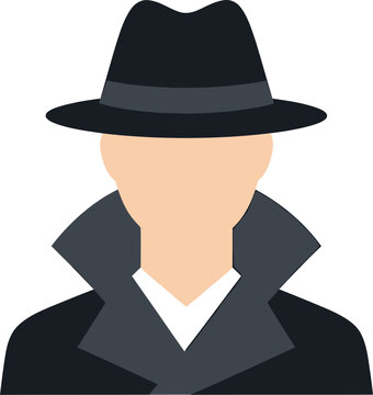 Anonymous Secret Agent Detective Avatar Icon in Trench Coat and Fedora Hat, Incognito User Profile, Private Investigator, Spy Character, Flat Vector Illustration