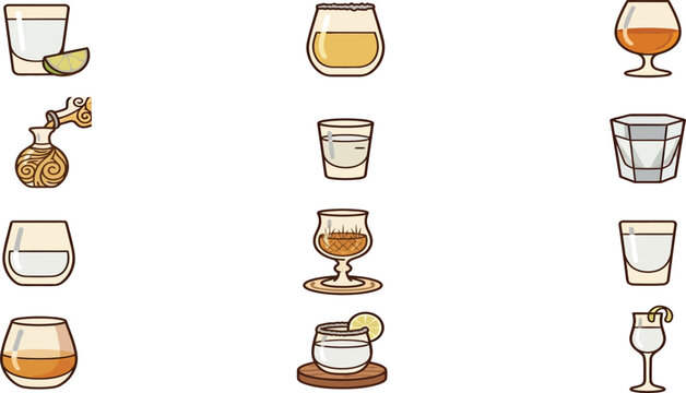 Detailed flat vector set of tequila serving styles and premium glassware for professional bar menu presentation