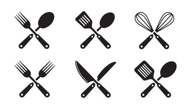Collection of crossed kitchen tool silhouettes featuring forks spoons spatulas whisks and knives design.