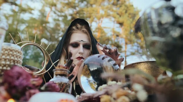Young woman in black hooded cloak leans forward and moves hands over polished crystal ball on cluttered ritual table, dark painted fingertips, ornate rings, dried herbs, glass bottles, and forest