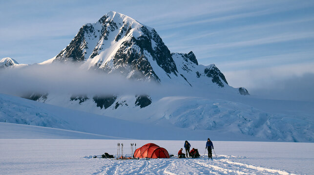 Snow-Covered Mountain Adventure: Winter Camping and Hiking Expedition in Remote Alpine Wilderness