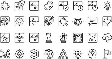 Puzzle and Business Strategy Line Icon Set with Solution Lightbulb Brain Chess Rook Maze Target and Teamwork Symbols for Problem Solving Web Designs © MD