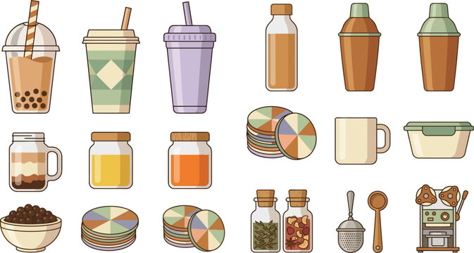 Flat vector collection of bubble tea cups, coffee mugs, jars, tea strainers and cafe accessories for drinks