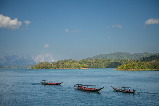 Traditional boats on Cheow Lan Lake in Khao Sok