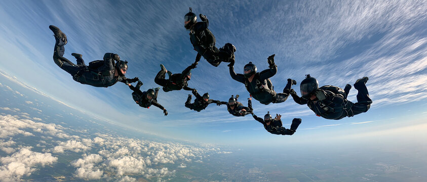 Group Skydiving Adventure: Thrilling Aerial Descent in Black Uniforms for Adrenaline-Pumping Teamwork