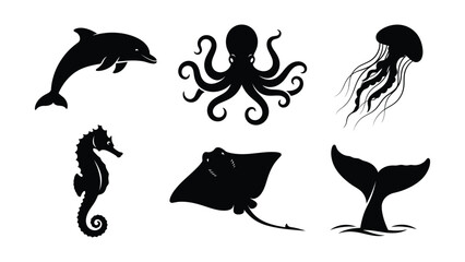 Black and white sea creatures illustration set © SHOFIQUL