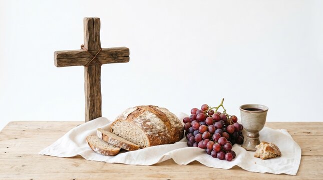 Rustic wooden cross with bread grapes and wine on a table representing communion and sacrifice