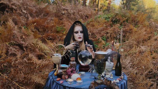 Young woman in black hooded cloak sits behind low round table in woodland clearing, hands poised above reflective crystal ball beside candles, herbs, jars and ritual objects, with woman, hood, cloak