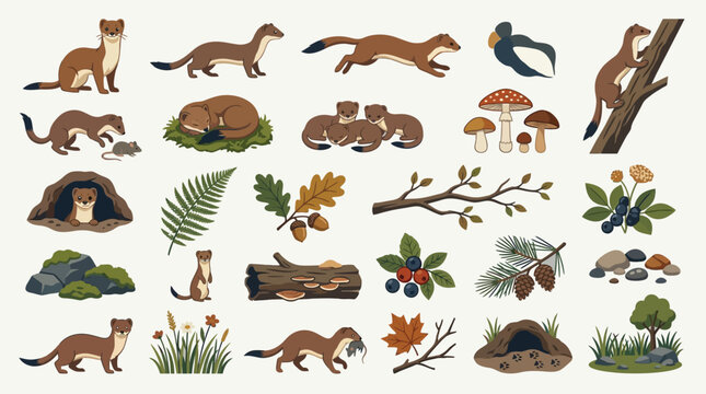 Detailed flat vector illustration set of weasels, stoats, and forest elements in a natural woodland environment